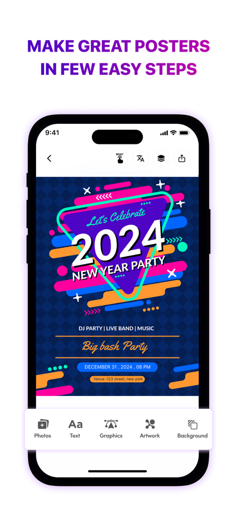 Smartphone screen showing a neon New Year party flyer design in the Poster Maker app