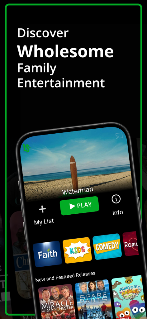 Living Scriptures mobile app interface showcasing wholesome family and faith-promoting streaming content.