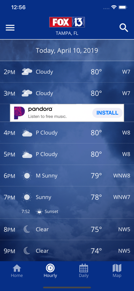 Hourly weather forecast display for Tampa Florida on FOX 13 weather app
