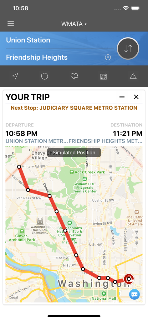 onTime : DC Metro - WMATA - Trip route from Union Station to Friendship Heights on the onTime DC Metro app map
