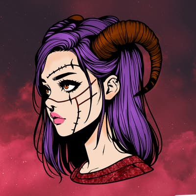 realistic girl with scar and horns