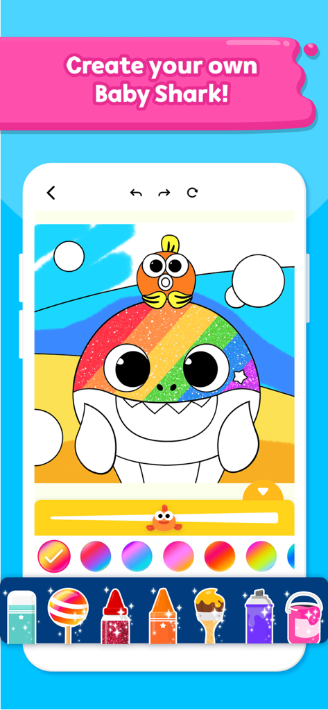 Baby Shark Coloring Book - A Baby Shark character being colored with rainbow glitter patterns using various digital art tools.