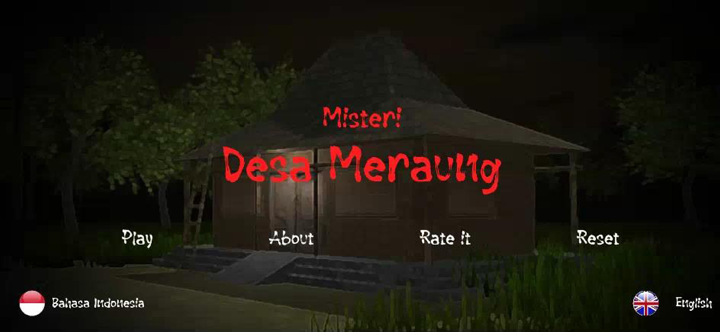 The Mystery of Meraung Village - Menú principal del juego El Misterio de la Aldea Meraung con una casa espeluznante en un entorno de aldea oscura.
