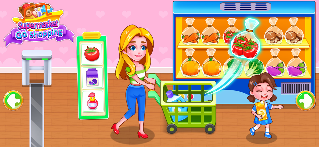 Supermarket Go Shopping - A mother and daughter character shopping for vegetables from a list in the Supermarket Go Shopping educational app