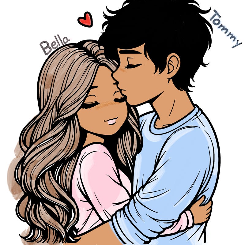 a realistic couple boy and girl hugging and kissing