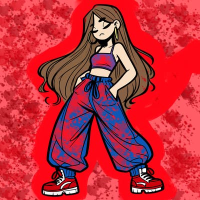 girl in baggy pants crop top and long hair