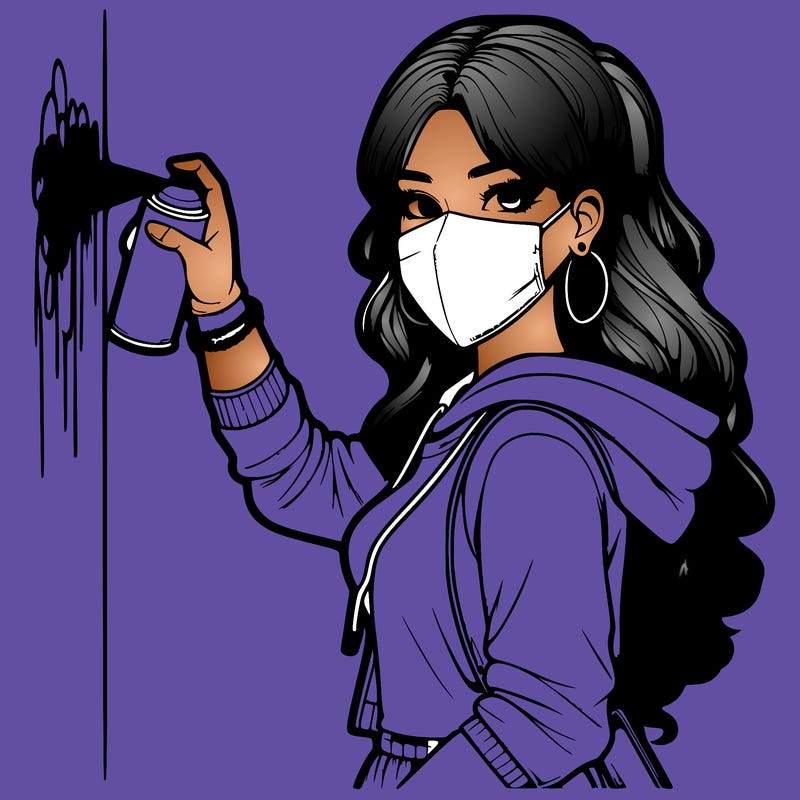 realistic girl with mask spray painting a wall