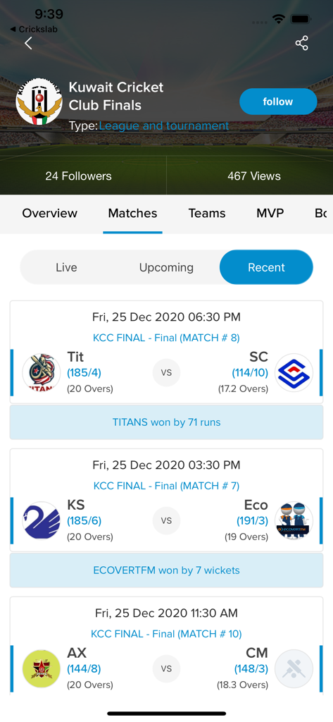 Kuwait Cricket Club - Kuwait Cricket Club app showing recent cricket match results and scores for the KCC Finals.