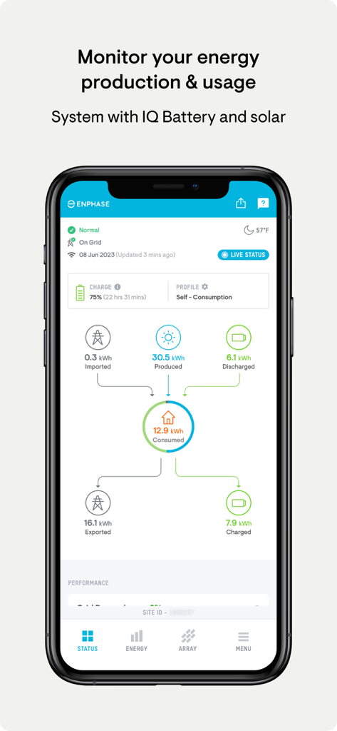 Enphase Enlighten - Enphase Enlighten app dashboard showing real-time solar production and home energy consumption data