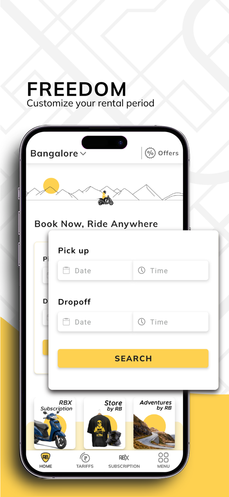 Royal Brothers - Bike Rentals - Schermata principale dell'app Royal Brothers per la prenotazione di noleggio moto a Bangalore