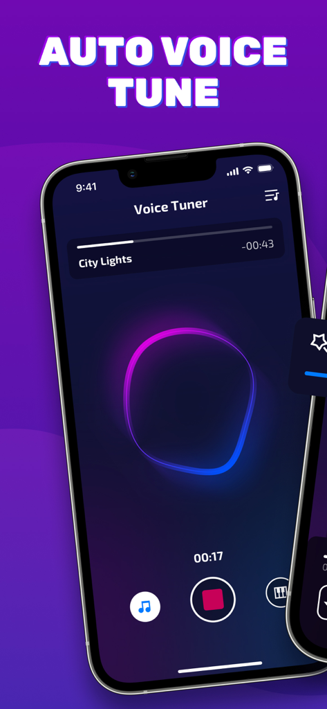 Voice Tuner — AI Vocal Changer - iPhone zeigt die Benutzeroberfläche der Voice Tuner App mit einem Aufnahmebildschirm für Auto-Voice-Tune und einer leuchtenden Wellenform.