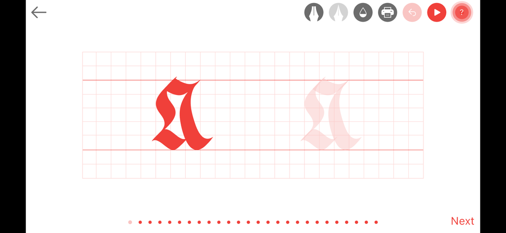 Gothic Fraktur - Interface do aplicativo de caligrafia Gótico Fraktur mostrando a tela de prática da letra a em uma grade