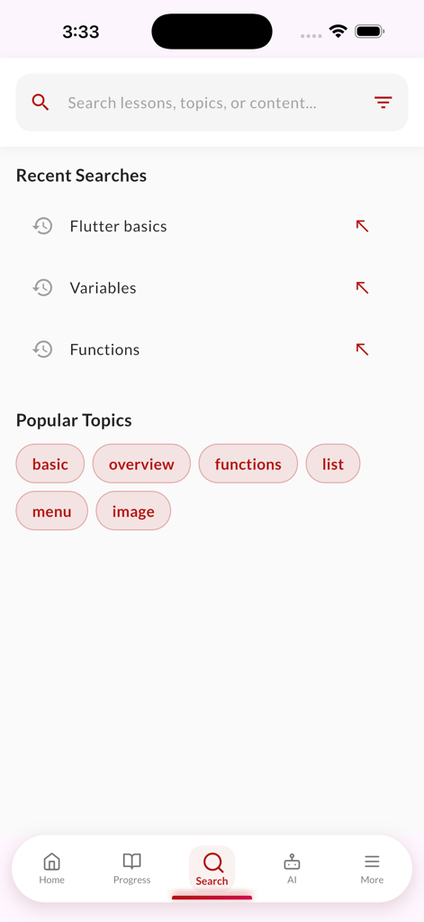 Schermata di ricerca dell'app di codifica HTML e CSS con ricerche recenti e argomenti di apprendimento popolari.