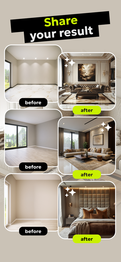 Comparação de cômodos vazios e suas transformações de design de interiores geradas por IA.