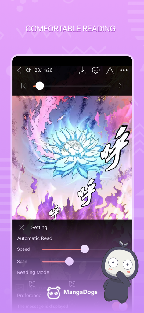 Manga Dogs app screenshot showing reader settings and a vibrant webtoon illustration.