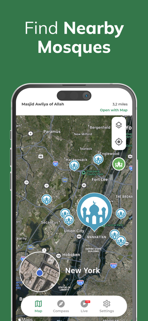 Qibla Finder 100% اتجاه القبلة - Ein Screenshot einer mobilen App zeigt die Funktion 'Moscheen in der Nähe finden' auf einer Karte von New York mit Moscheen-Standortmarkierungen