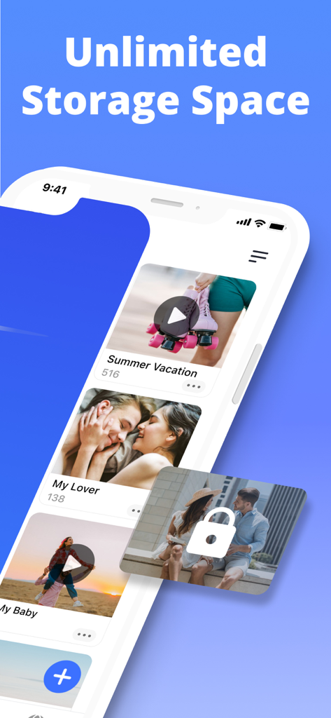Screenshot of the Photo Lock app interface highlighting unlimited storage space and secure private albums