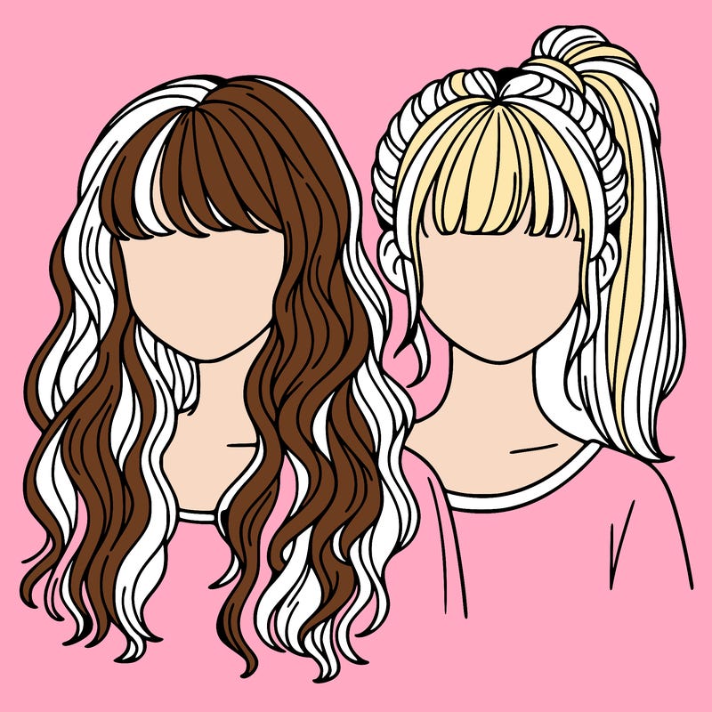 two girls one with wavy hair and one with strait hair with bangs in a ponytail