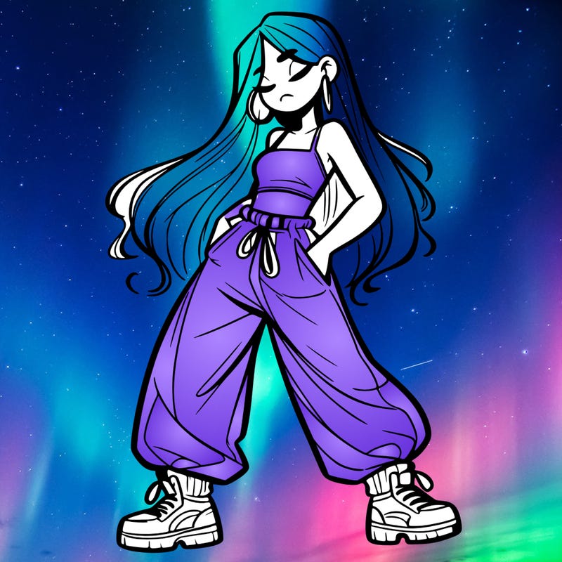 girl in baggy pants crop top and long hair