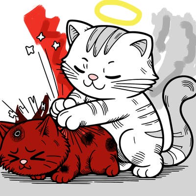 a cat scratching a battered cat