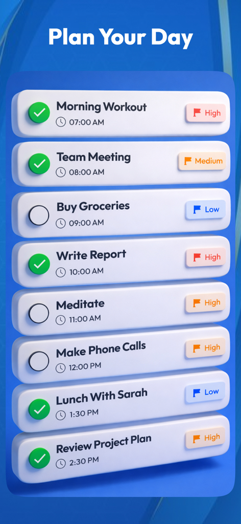 Daily Checklist & To-Do Task - Una interfaz minimalista de gestor de tareas que muestra una lista de elementos de tareas diarias con horarios y marcas de prioridad.