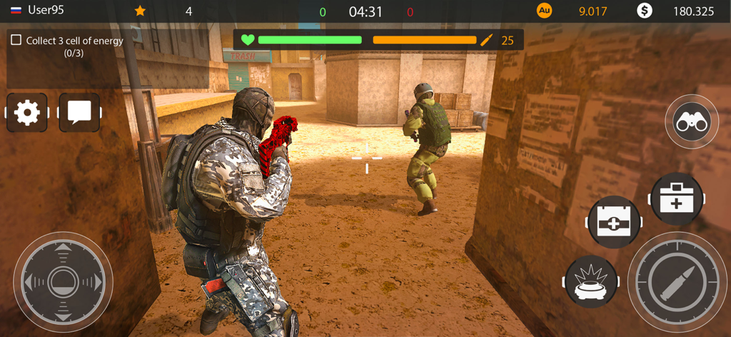 Code of War: Military Gun Game - Jugabilidad de shooter en tercera persona en un entorno urbano mostrando a un soldado apuntando con un rifle rojo en Code of War