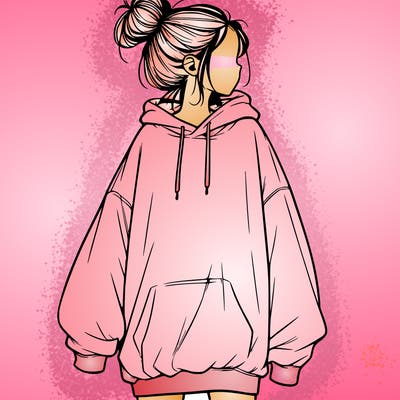 realistic girl with a oversized sweatshirt on and a bun