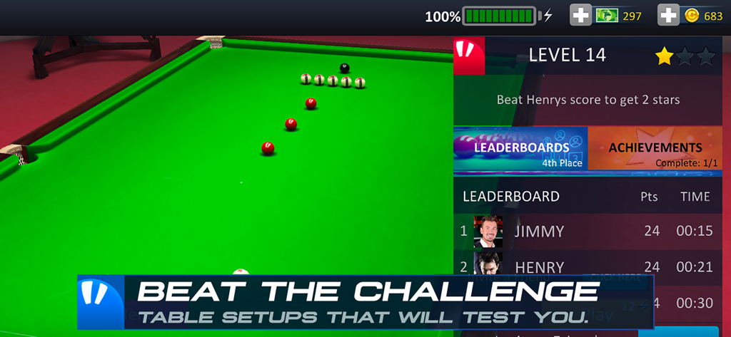 Captura de pantalla de la jugabilidad de Snooker Stars que muestra un desafío de nivel 14 con la tabla de clasificación y la configuración de la mesa