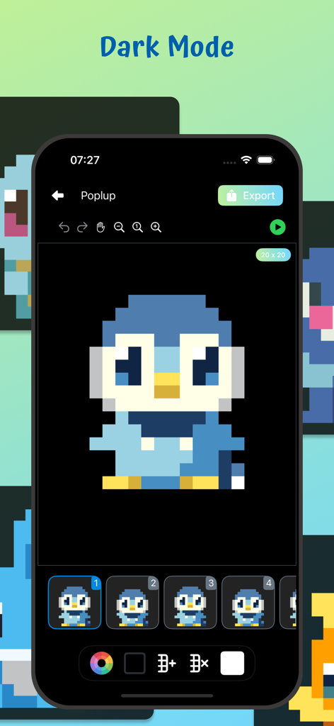 Pixel Animation - Pixel Art - Interface of Pixel Animation app in dark mode showing a frame-by-frame editor with a pixel art penguin.