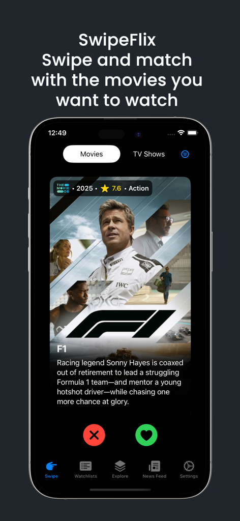 SwipeFlix - Explore New movies - Interface do aplicativo móvel SwipeFlix mostrando um cartão de recomendação de filme com funcionalidade de deslizar para combinar