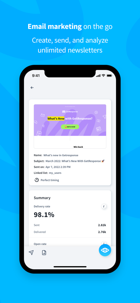 スマートフォンのメールマーケティングニュースレターの概要と配信分析を表示するGetResponseアプリインターフェース