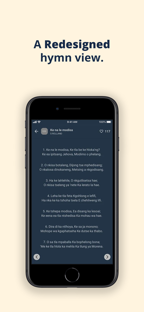 Redesigned Sotho hymn view interface on the Difela Tsa Sione app