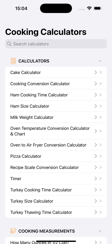 Cooking Baking Calculators - Main screen of the Cooking Baking Calculators app displaying a list of kitchen tools like cake and turkey calculators