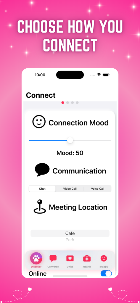 MeetChat iHappy - MeetChat iHappy app interface showing options to customize connection mood, communication method, and meeting location.