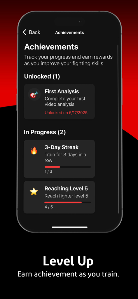 Fight AI: Your AI MMA Coach - MMA training achievements screen showing unlocked milestones and progress bars for streaks and levels