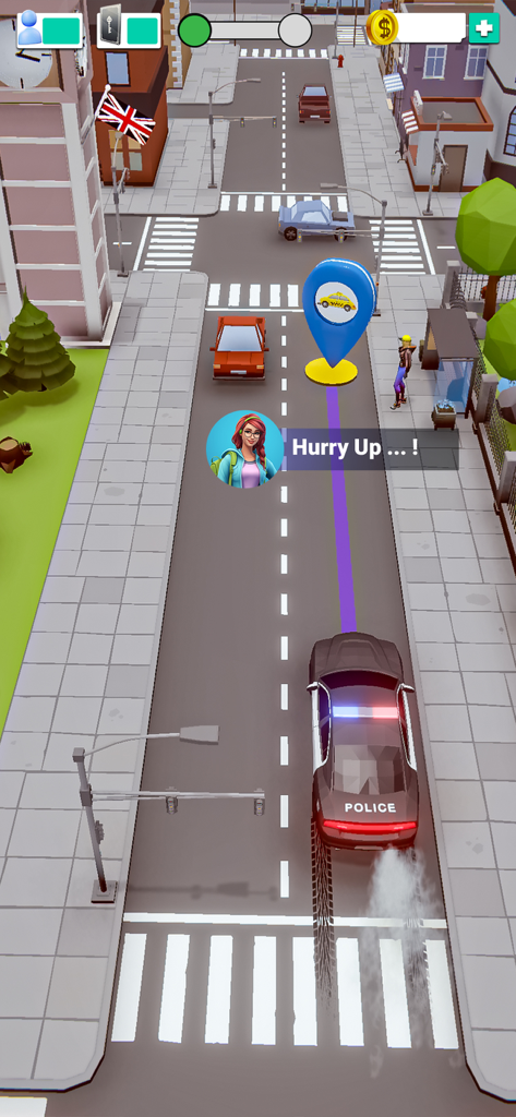 Pick me up 3D: Taxi Simulator - Top-down 3D gameplay view of Pick me up 3D Taxi Simulator showing a car navigating a city street to reach a passenger at a pickup point