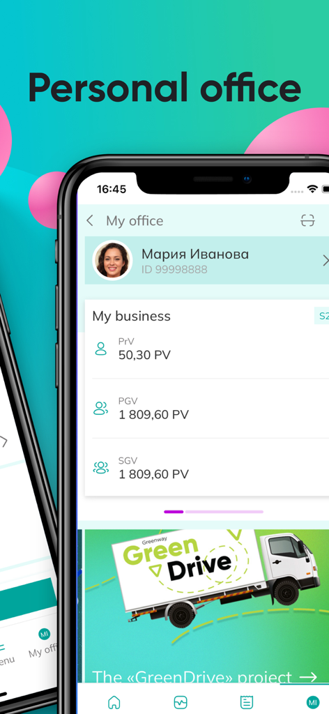 Interface do painel do Escritório Pessoal do aplicativo móvel Greenway Global exibindo métricas de desempenho de negócios.