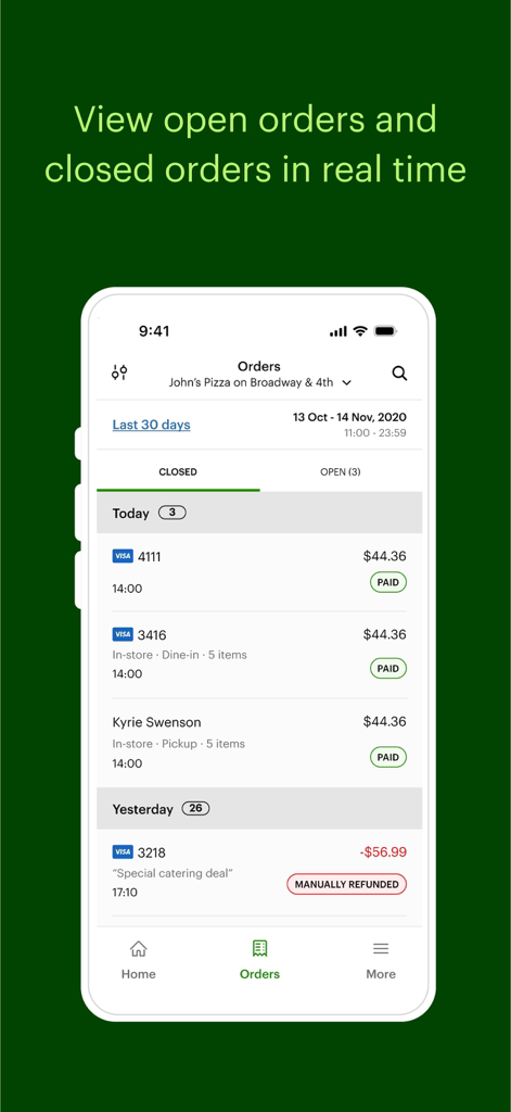 Clover Go - Dashboard & POS - Interfaccia dell'app Clover Go che mostra ordini aziendali aperti e chiusi in tempo reale