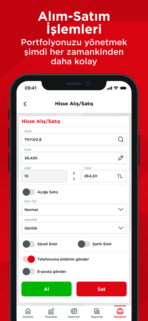 ZBorsa (Ziraat Yatırım Borsa) - Mobile screen of the ZBorsa app showing the stock buy and sell interface with trading options for the Turkish market.