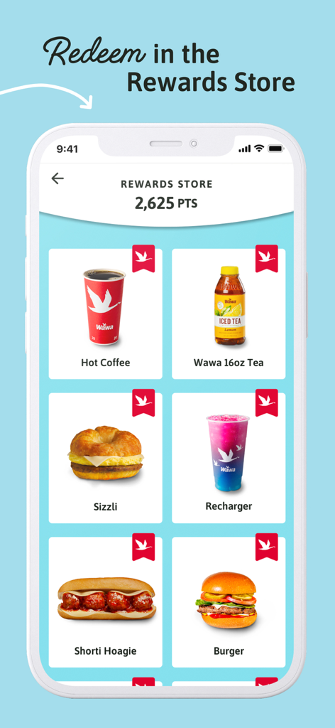 Wawa mobile app rewards store interface showing points and food items for redemption like coffee and sandwiches