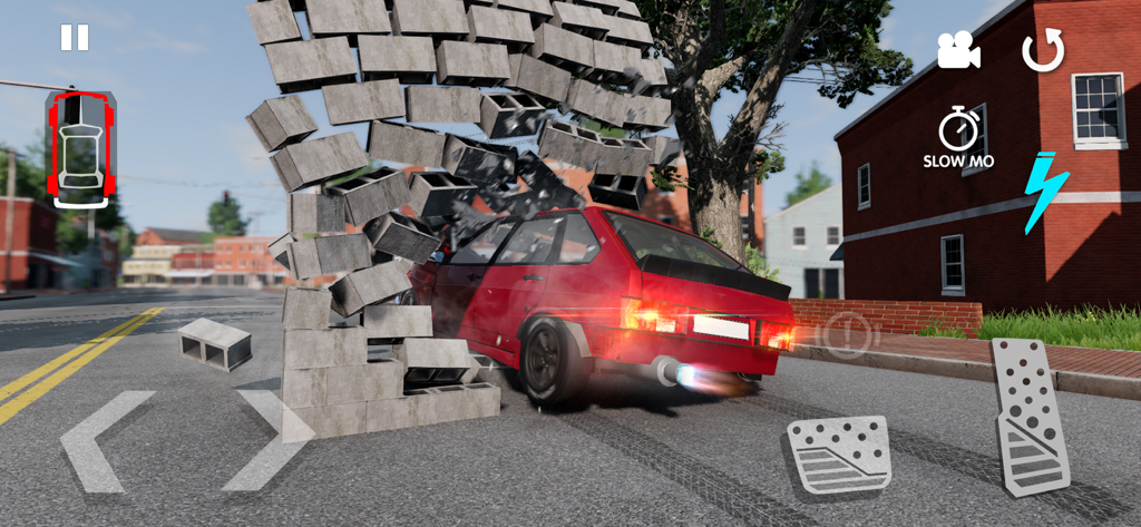 Un coche rojo atravesando un muro de ladrillos en el juego RCC Real Car Crash Simulator