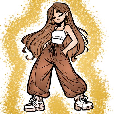girl in baggy pants crop top and long hair