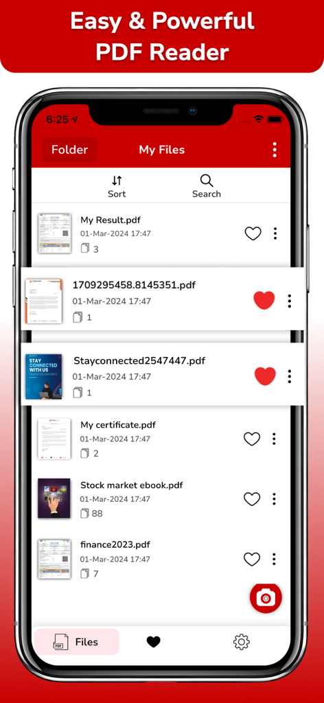 PDF Scanner & PDF Reader - A list of PDF files including certificates and ebooks within the PDF Reader mobile app