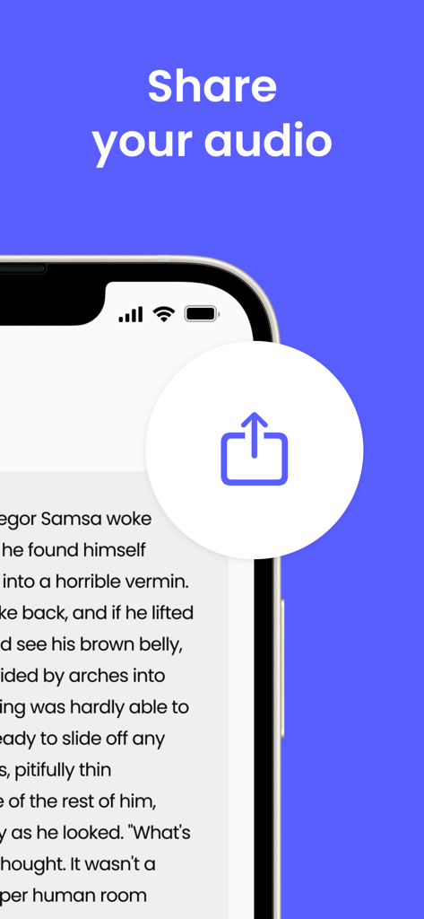 Tpeech: Read Text Aloud & TTS - A mobile screenshot showing the Share your audio feature in the Tpeech text to speech app.
