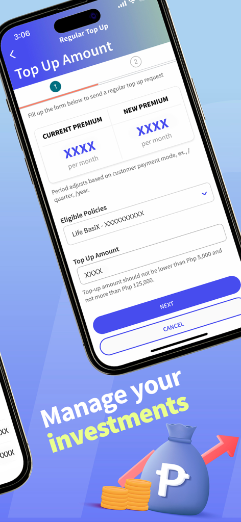 Emma by AXA PH - Smartphone screen displaying investment top up options in the Emma by AXA PH app