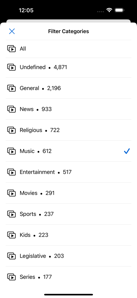 IPTV Cast - IPTV Cast app screen displaying a list of channel categories for filtering playlists including News Music and Sports