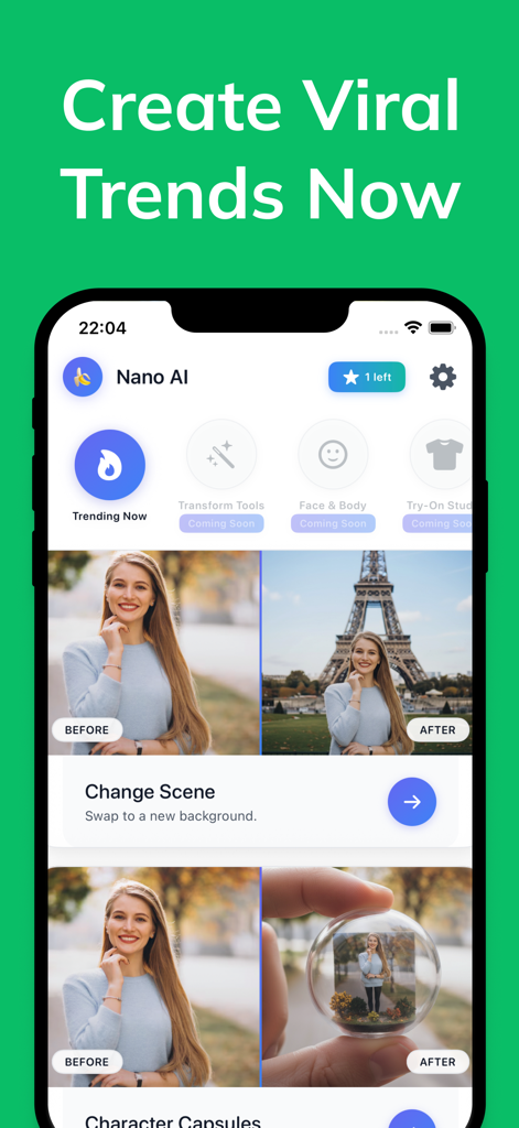 Photo Editor AI - Image Edit - Screenshot of the Photo Editor AI app interface showing a background change feature from a simple background to the Eiffel Tower.