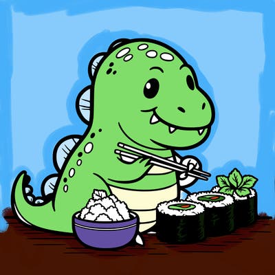 dinosaur eating sushi