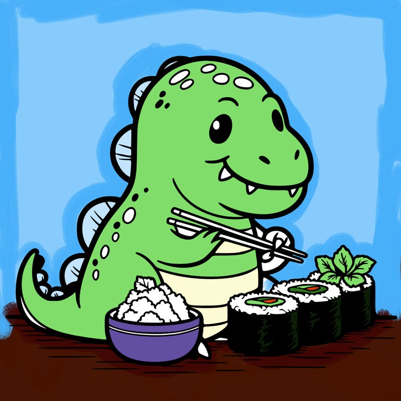 dinosaur eating sushi