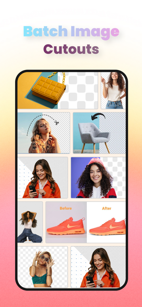 Ai Photo - Background Eraser - A grid of photos showing various subjects like people and products with their backgrounds removed using the batch image cutout feature.